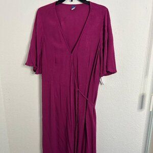 Deep Berry Maxi Wrap Dress With V Neck and Tie Detail